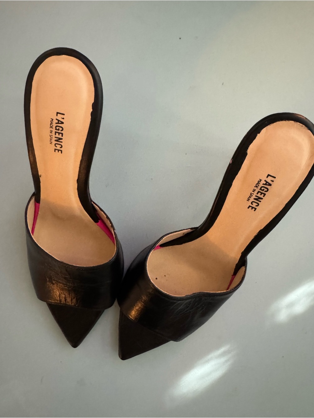 L'AGENCE Black Pointed Leather Slide Mules Heels Size 37 / 6.5